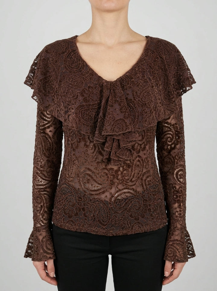 Body moro in Pizzo Stretch con Scollo a V e Rouches 
