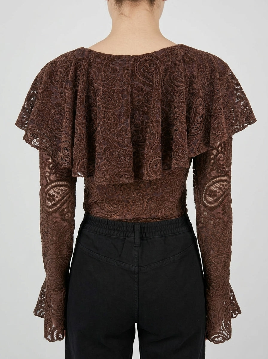Body moro in Pizzo Stretch con Scollo a V e Rouches 