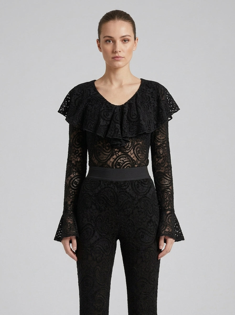Body Nero in Pizzo Stretch con Scollo a V e Rouches 