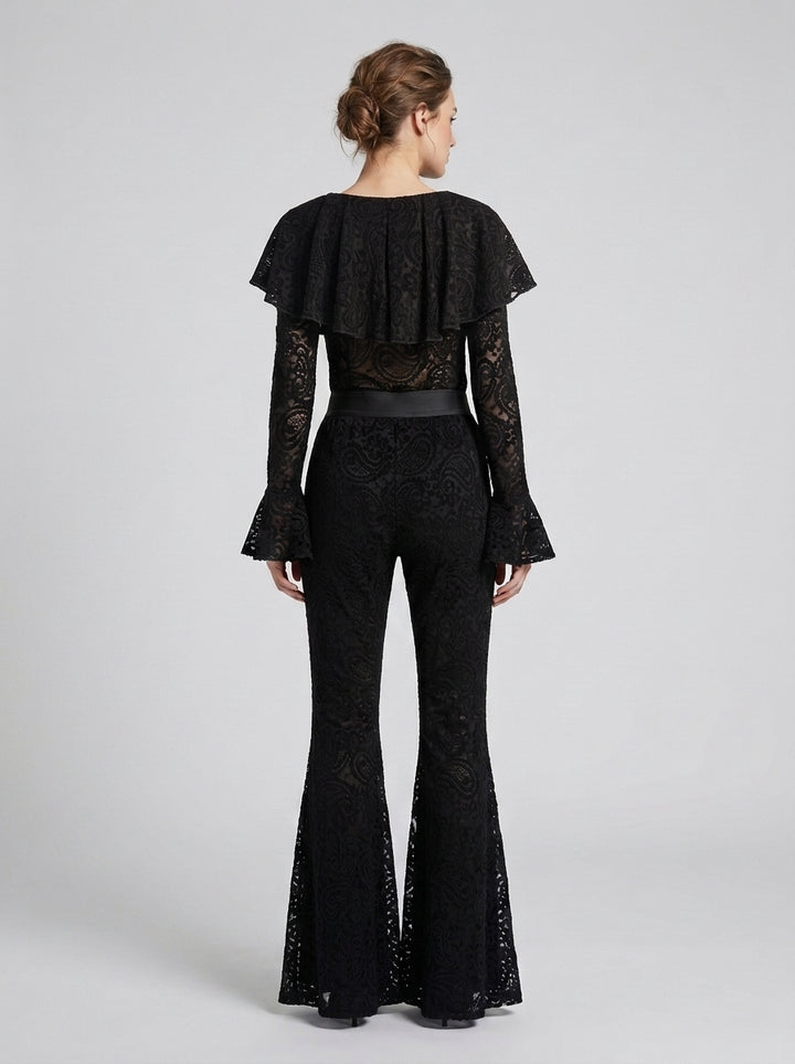 Body Nero in Pizzo Stretch con Scollo a V e Rouches 