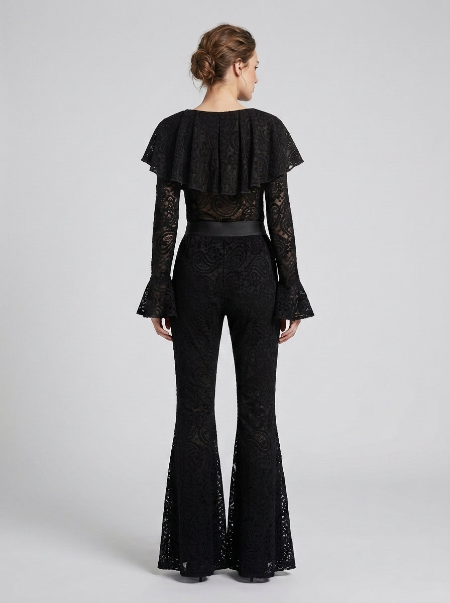 Body Nero in Pizzo Stretch con Scollo a V e Rouches 