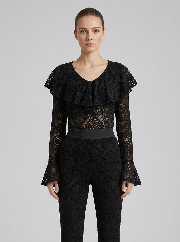 Body Nero in Pizzo Stretch con Scollo a V e Rouches 