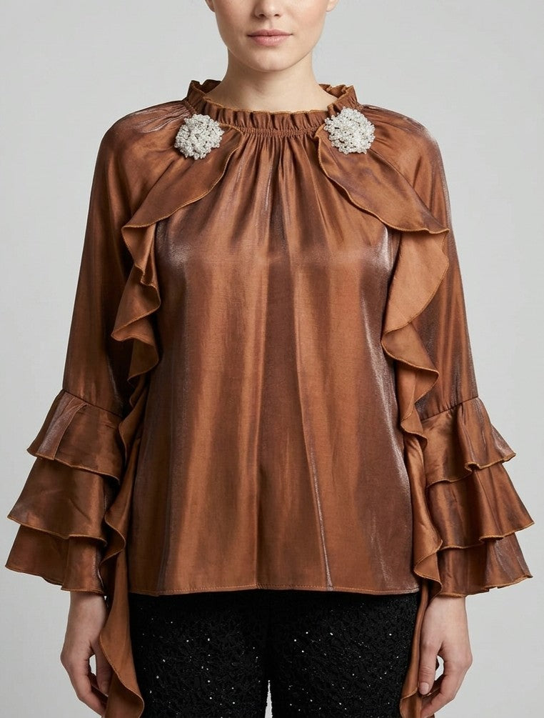 Blusa Amosa moro in Tessuto Luminoso con Rouches e Spille Gioiello 