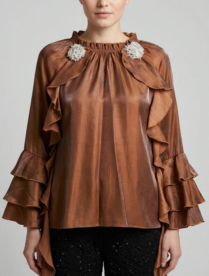 Blusa Amosa moro in Tessuto Luminoso con Rouches e Spille Gioiello 