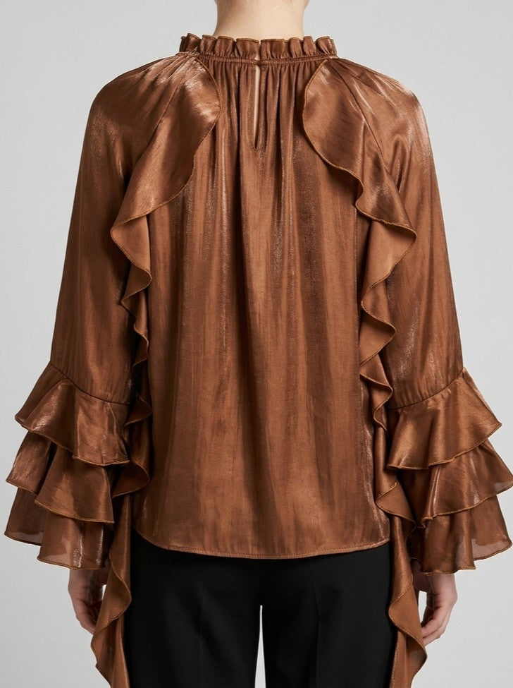 Blusa Amosa moro in Tessuto Luminoso con Rouches e Spille Gioiello 
