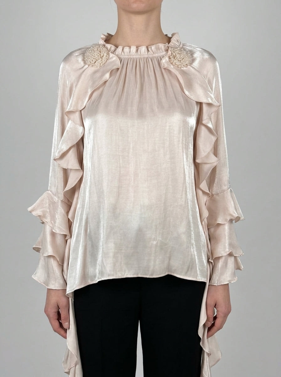 Blusa Amosa rosa in Tessuto Luminoso con Rouches e Spille Gioiello 