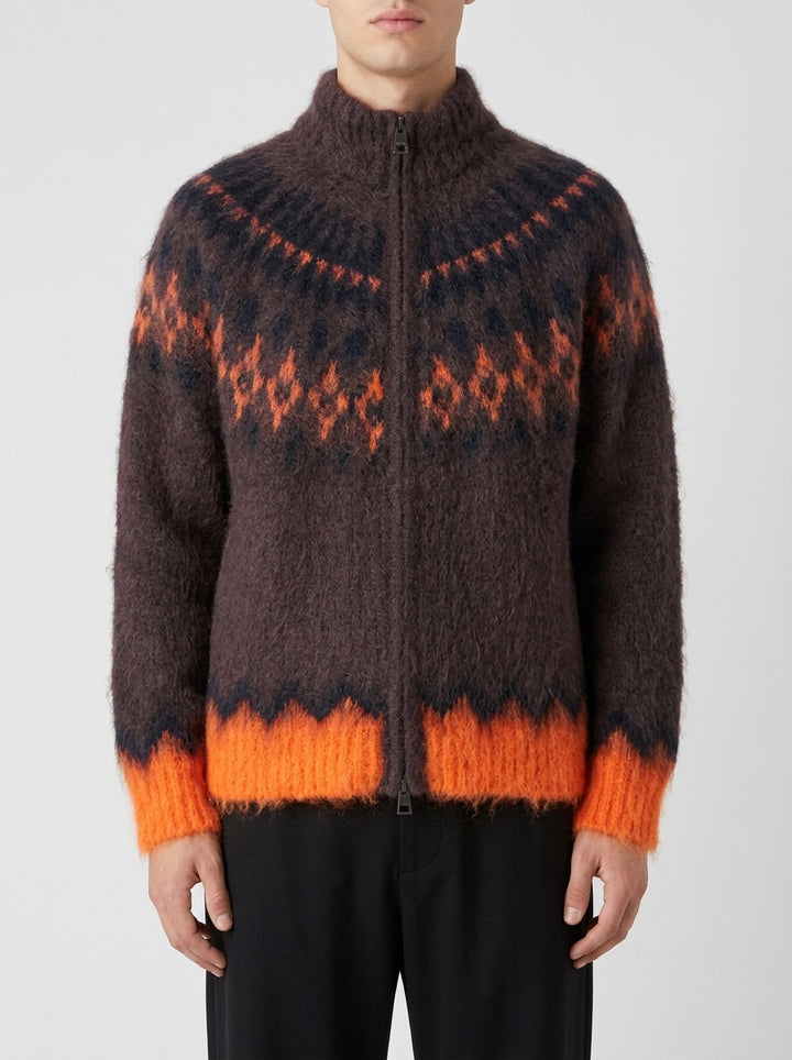 Giacca Full-Zip Mohair e Jacquard Fluo Marrone 