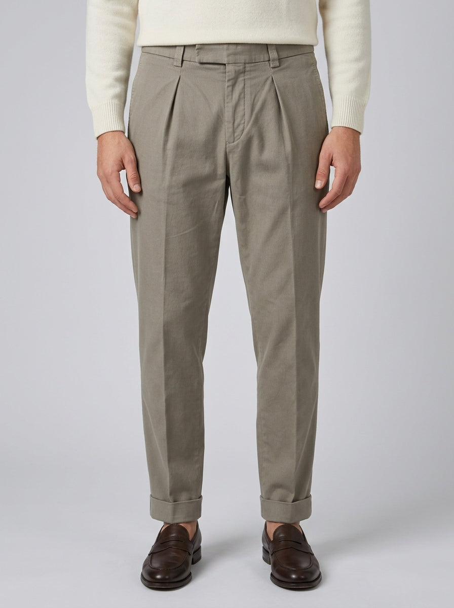 Pantaloni Chiodi  Cotone Millerighe Beige con Pince e Risvolto 