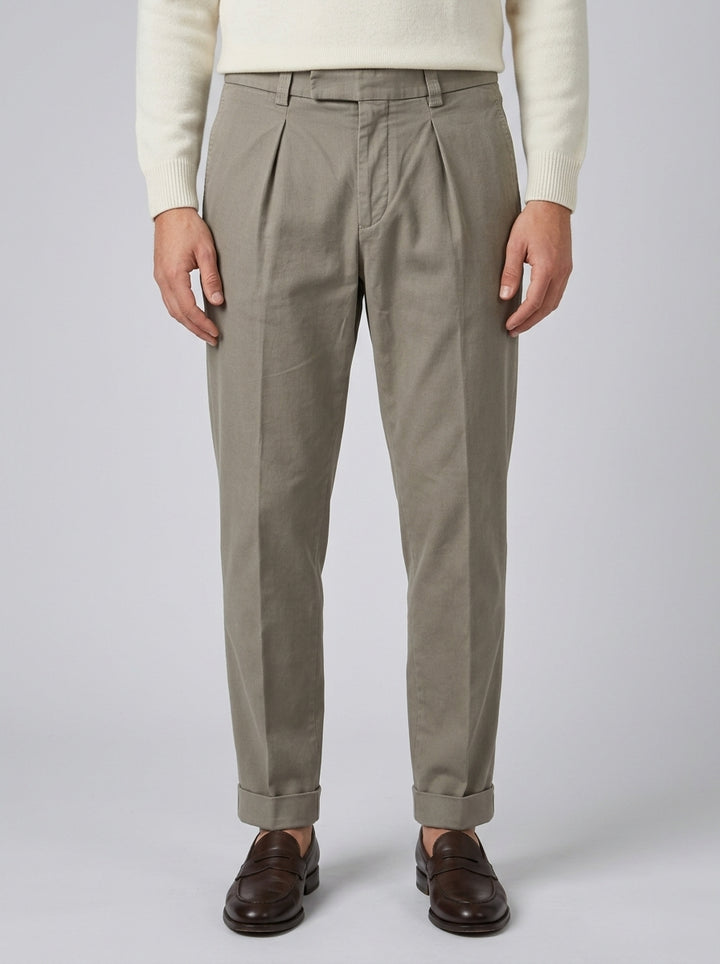 Pantaloni Chiodi  Cotone Millerighe Beige con Pince e Risvolto 