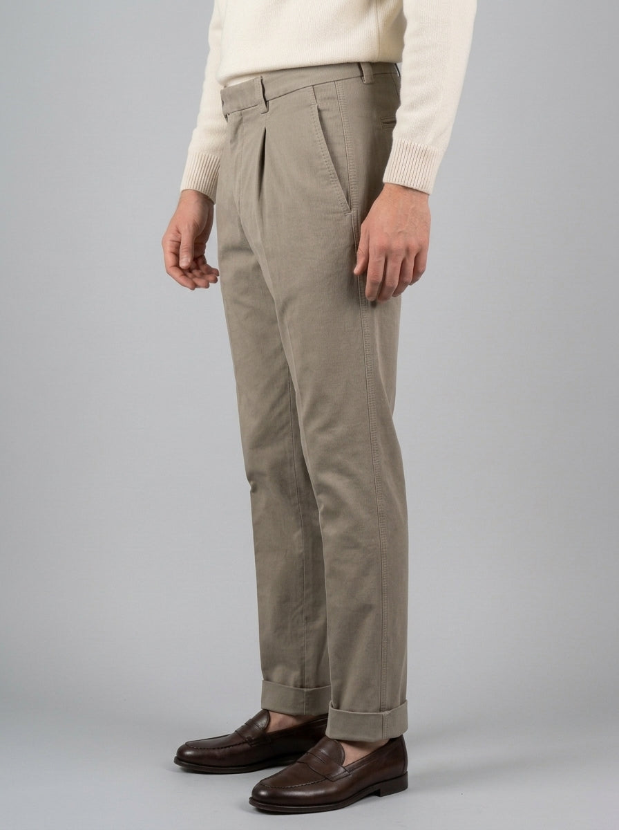 Pantaloni Chiodi  Cotone Millerighe Beige con Pince e Risvolto 