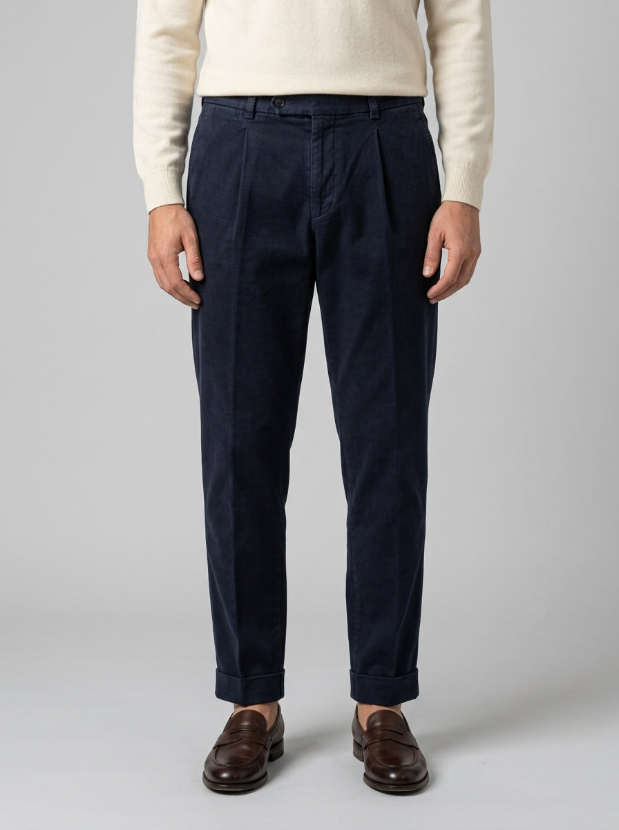 Pantaloni Legacy  Chiodi cotone Millerighe Blu con Pince e Risvolto 