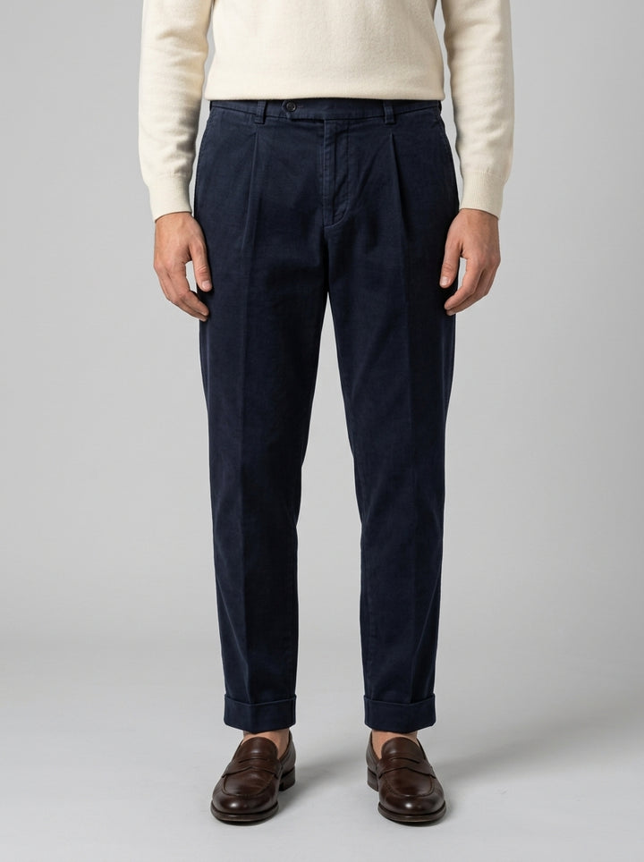 Pantaloni Legacy  Chiodi cotone Millerighe Blu con Pince e Risvolto 