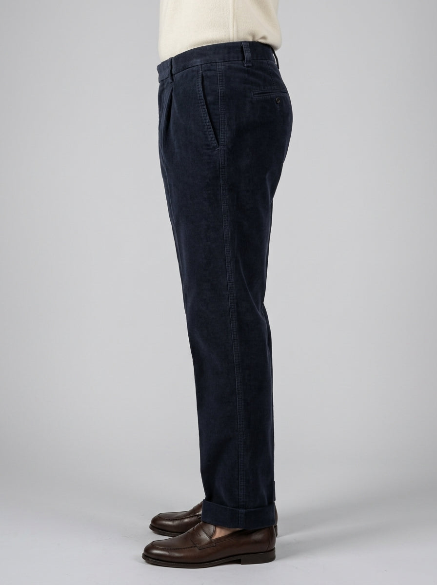 Pantaloni Legacy  Chiodi cotone Millerighe Blu con Pince e Risvolto 