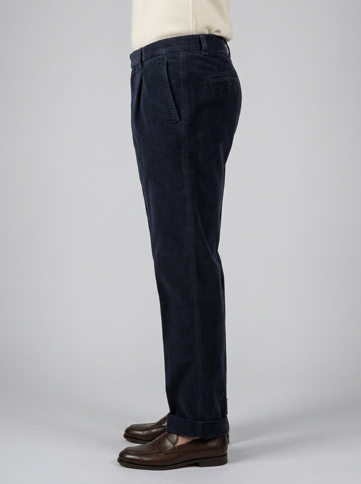 Pantaloni Legacy  Chiodi cotone Millerighe Blu con Pince e Risvolto 