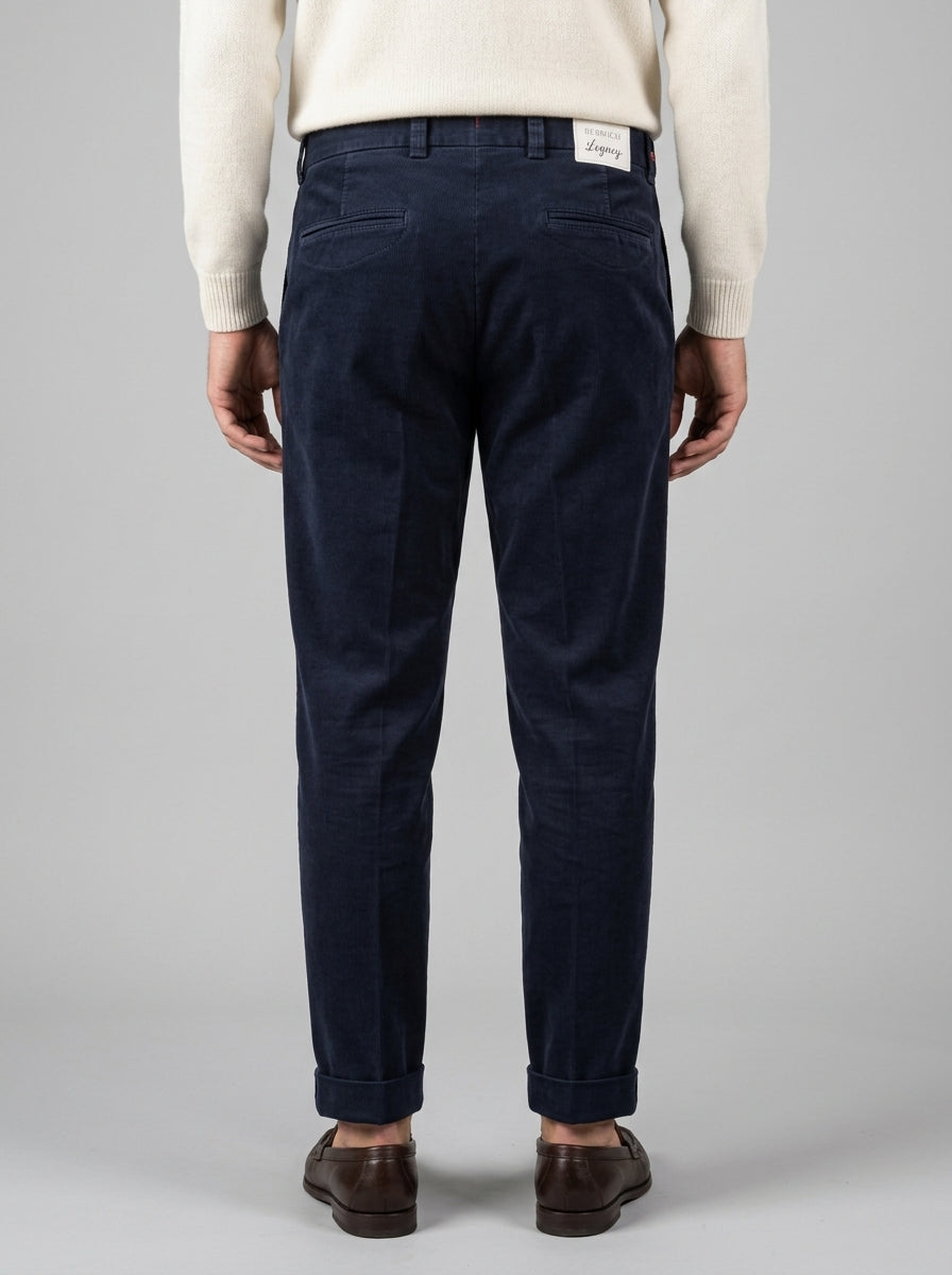 Pantaloni Legacy  Chiodi cotone Millerighe Blu con Pince e Risvolto 
