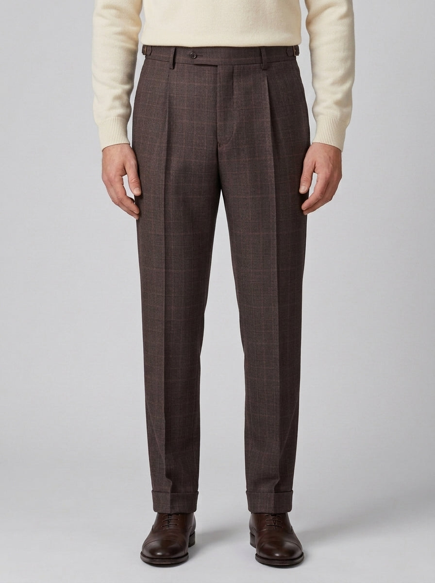 pantalone retro lana marzotto check marrone 