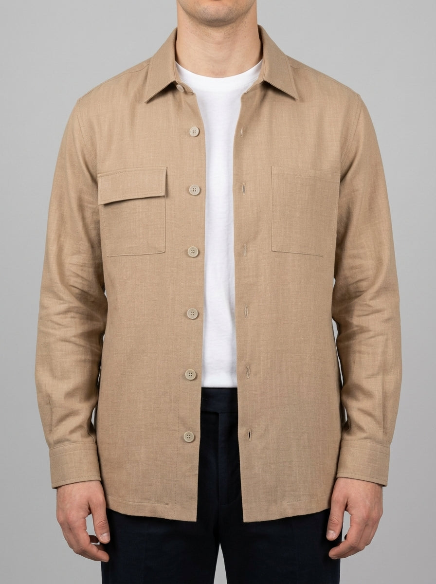 Camicia Uomo Sahariana Beige Felpata con Tasche 