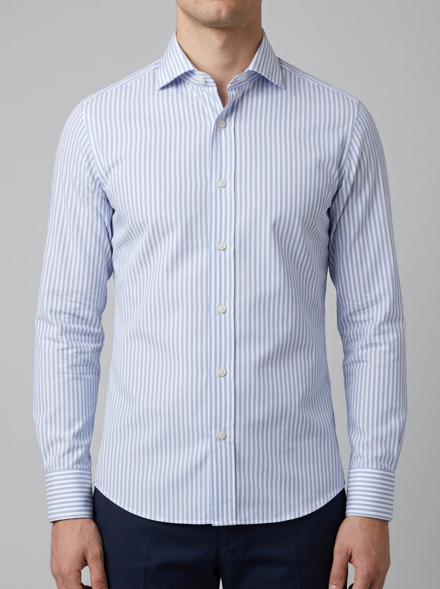 Camicia Uomo in Cotone con Riga Larga celeste<BR/> 