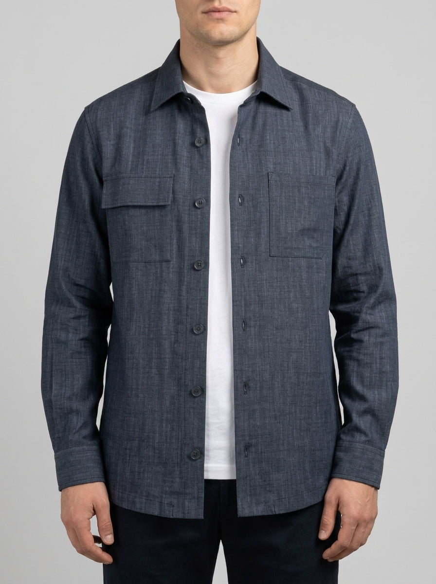 Camicia  Felpata Blu Effetto Denim con Tasche 
