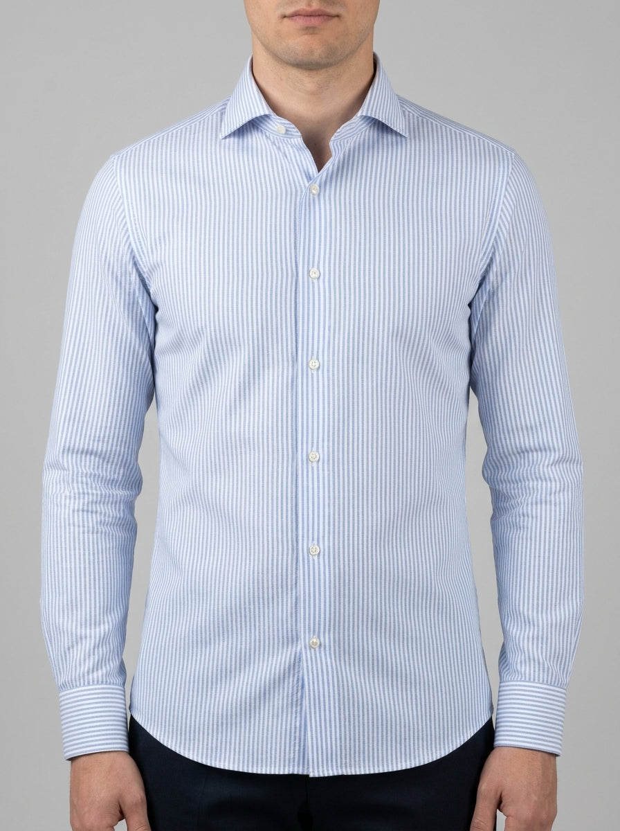 Camicia cotone Bianca Uomo con Riga Azzurra Dobby 
