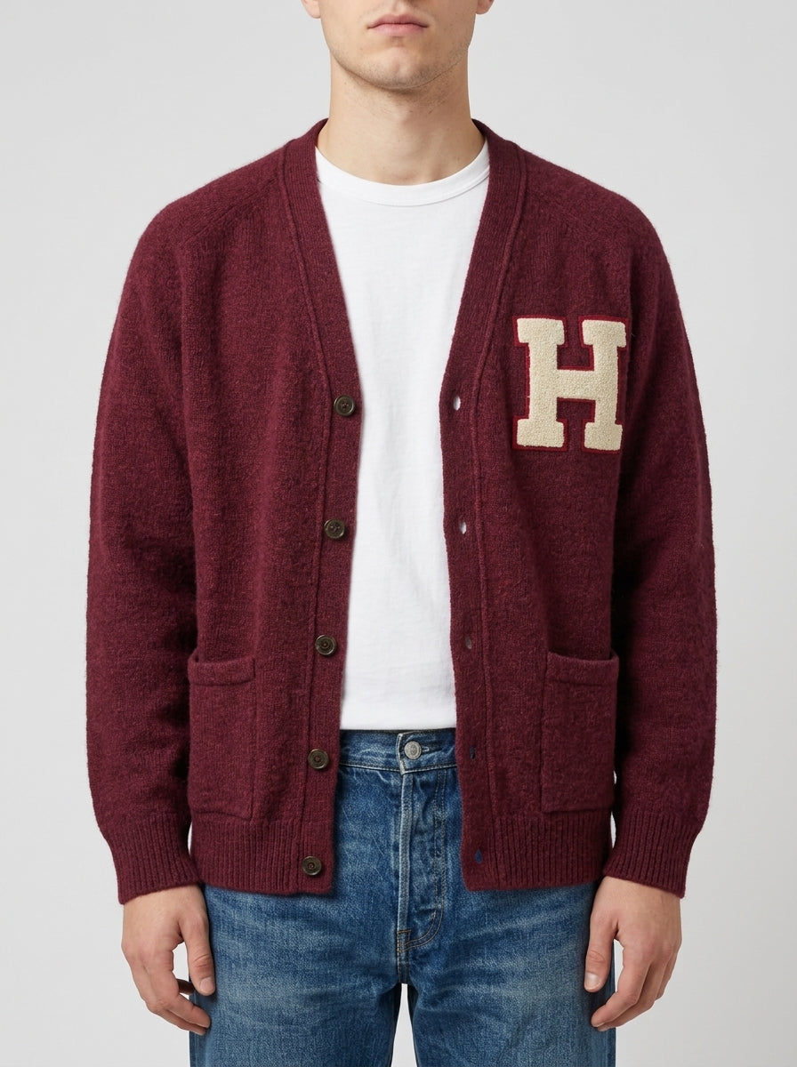 Cardigan College Varsity - Bordeaux Vintage con Patch "H" 