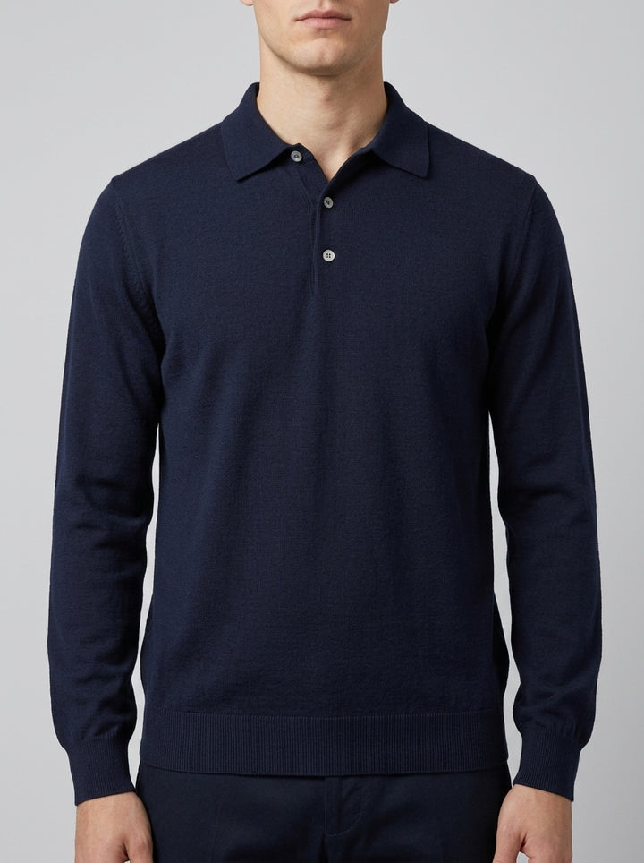 Polo  in Lana Merino blu Extra Fine - Made in Italy 