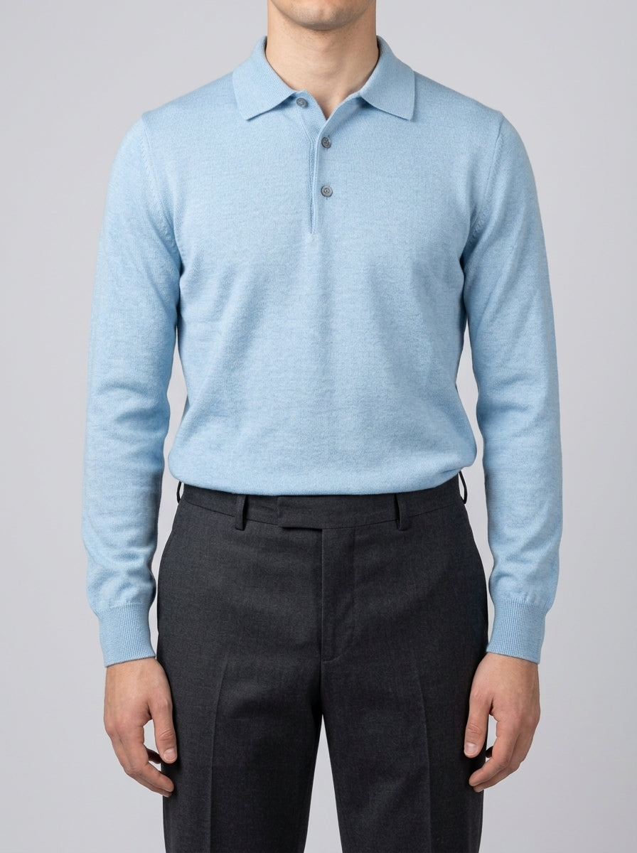 Polo  in Lana Merino azzurro polvere Extra Fine - Made in Italy 