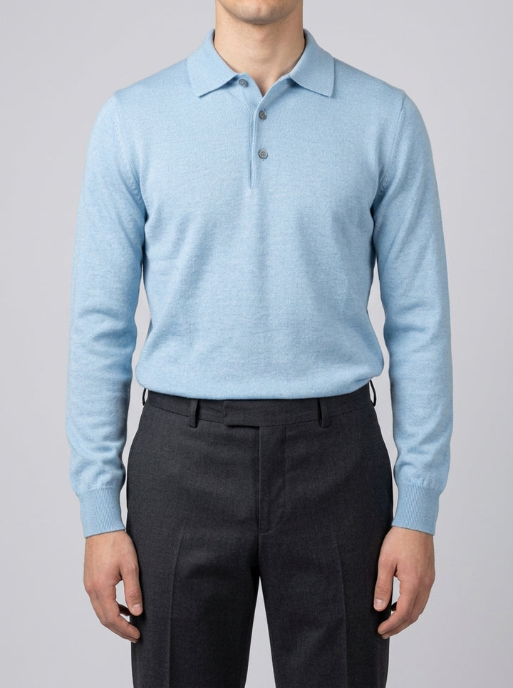 Polo  in Lana Merino azzurro polvere Extra Fine - Made in Italy 