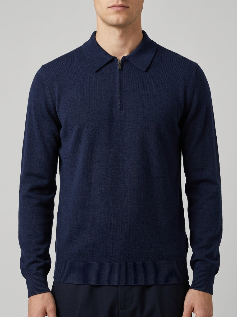 Polo blu Mezza Zip in Lana Merino Extrafine 