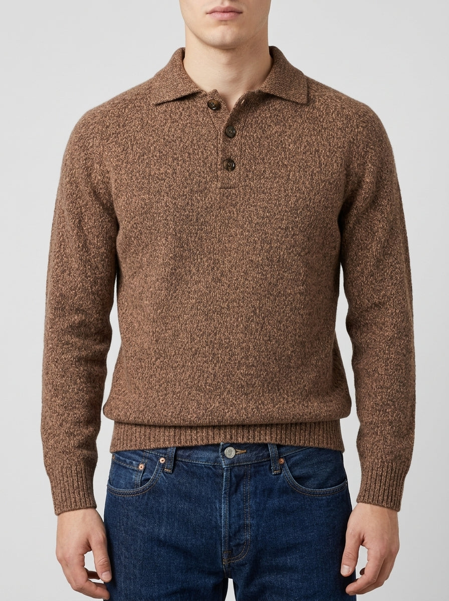 Polo Tre Bottoni in Lana Marrone Effetto Mouliné 