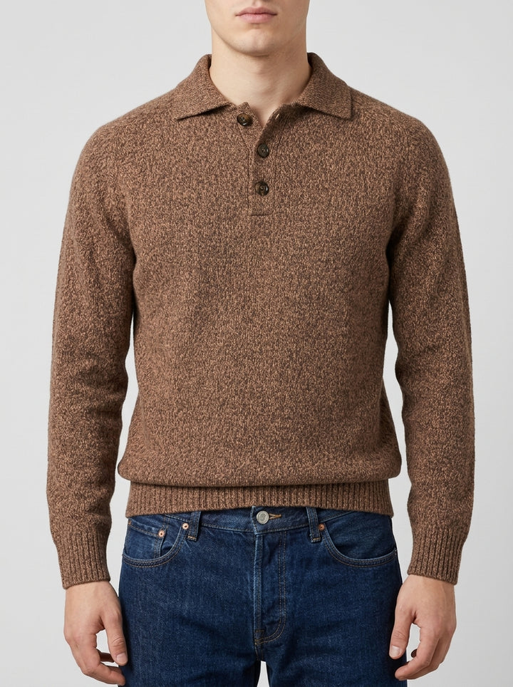 Polo Tre Bottoni in Lana Marrone Effetto Mouliné 
