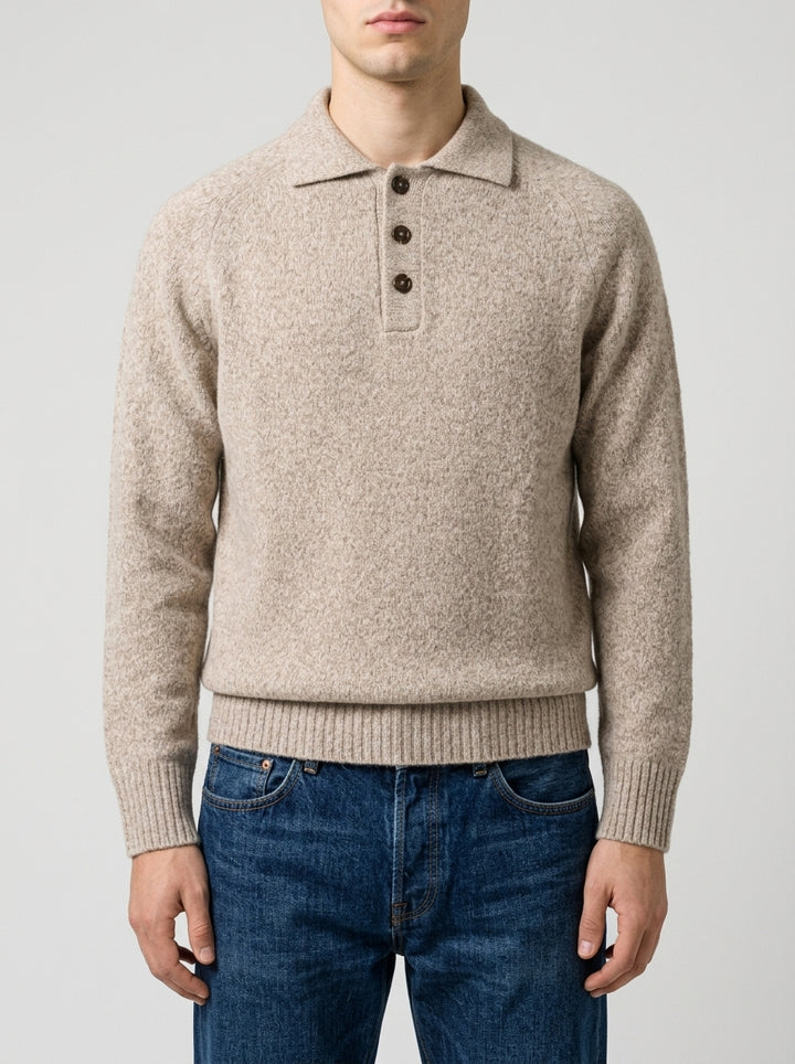 Polo Tre Bottoni in Lana Beige Effetto Mouliné 