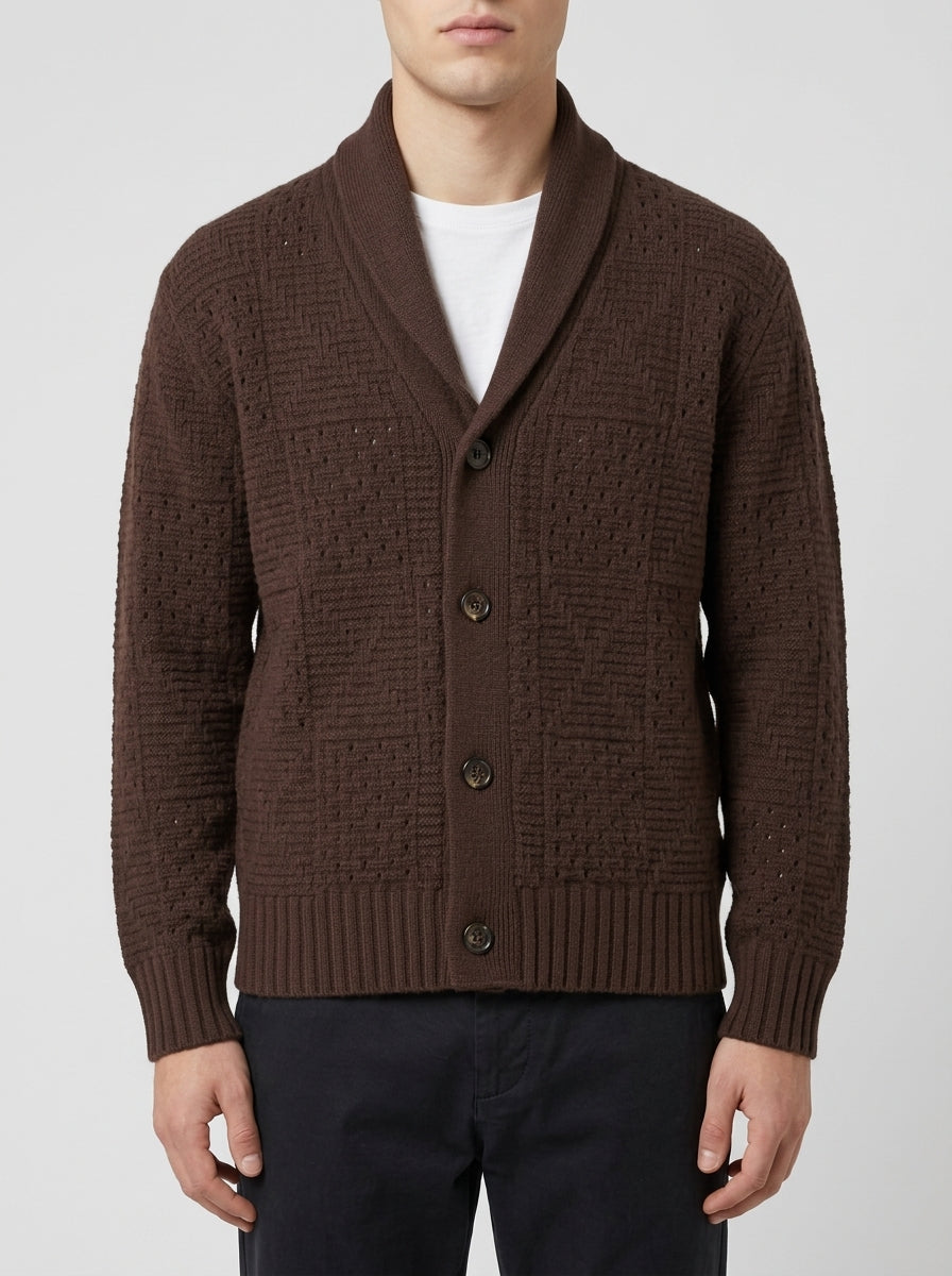 Cardigan Collo a Scialle Crochet Marrone 