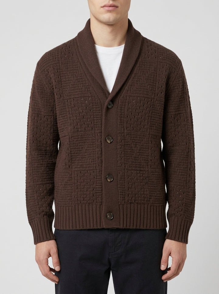 Cardigan Collo a Scialle Crochet Marrone 
