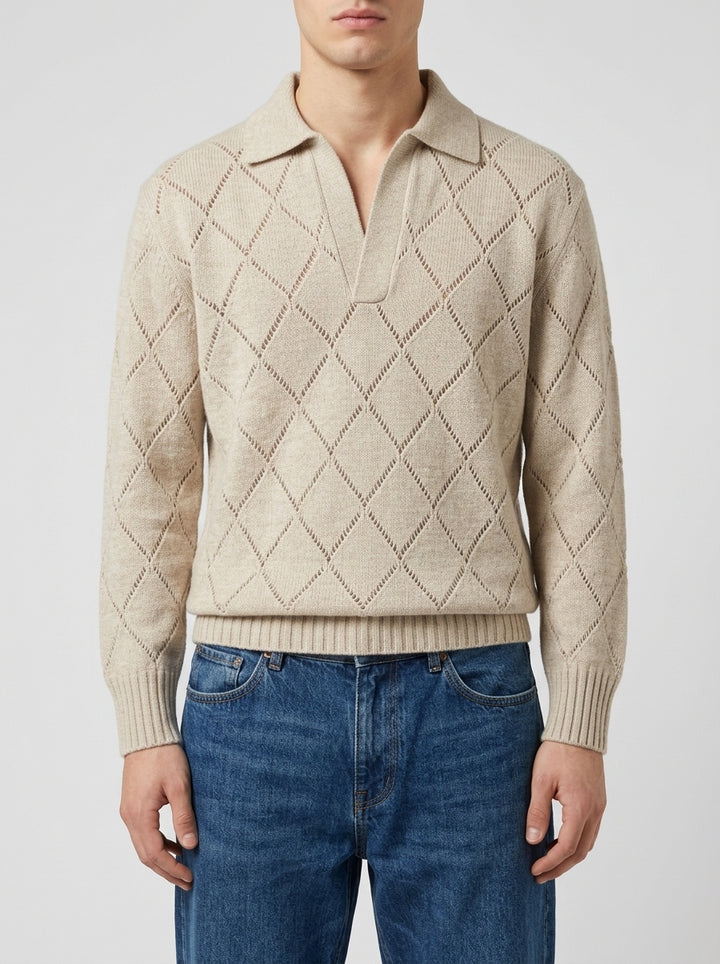 Polo Skipper Beige con Lavorazione Traforata a Rombi 