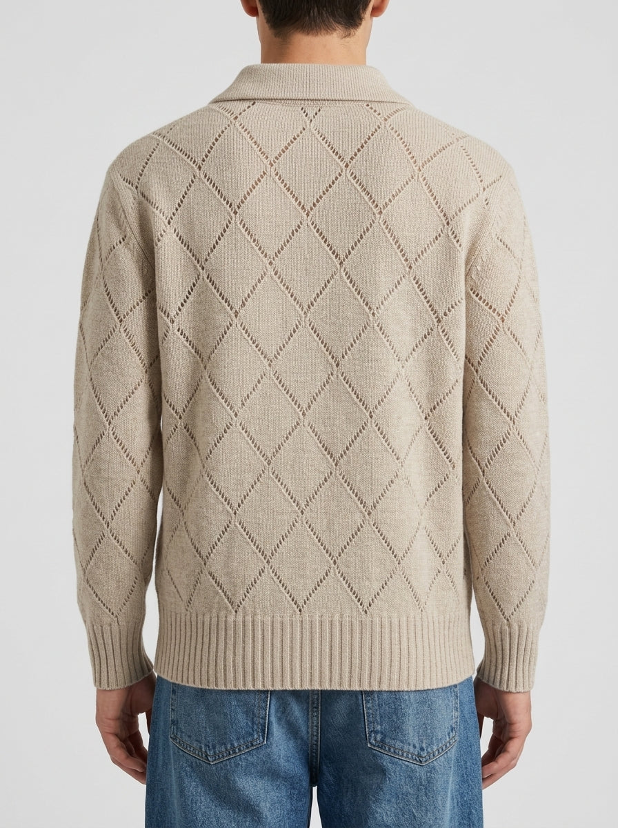Polo Skipper Beige con Lavorazione Traforata a Rombi 