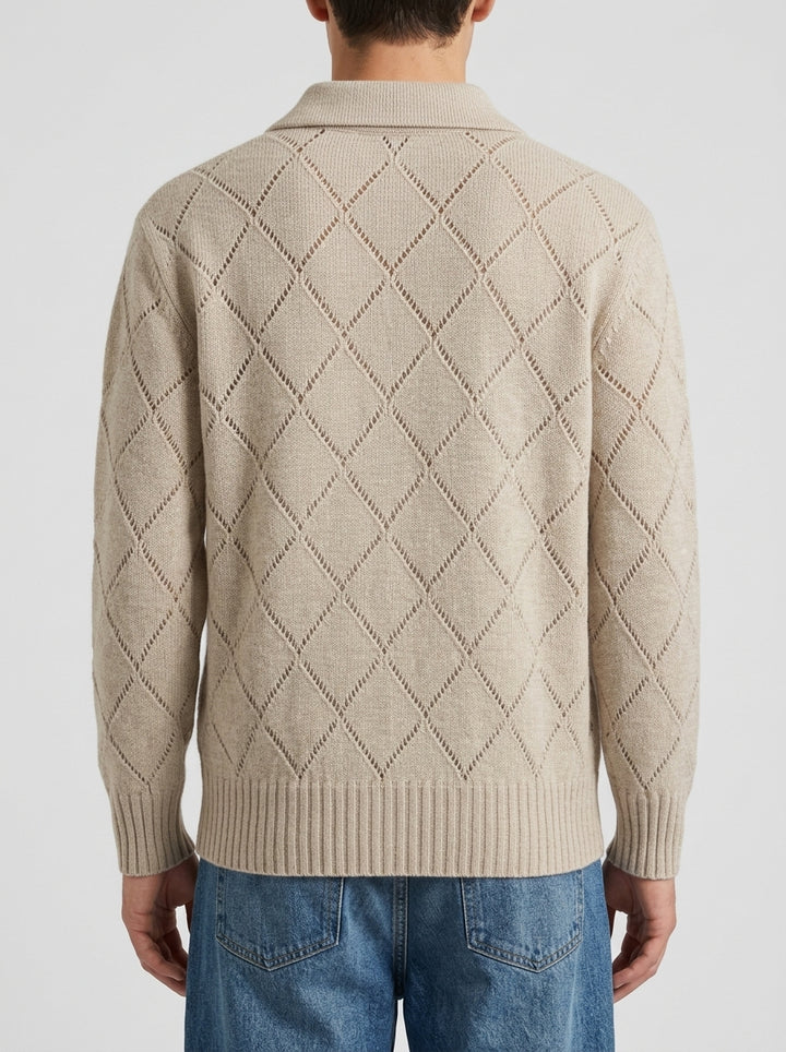 Polo Skipper Beige con Lavorazione Traforata a Rombi 