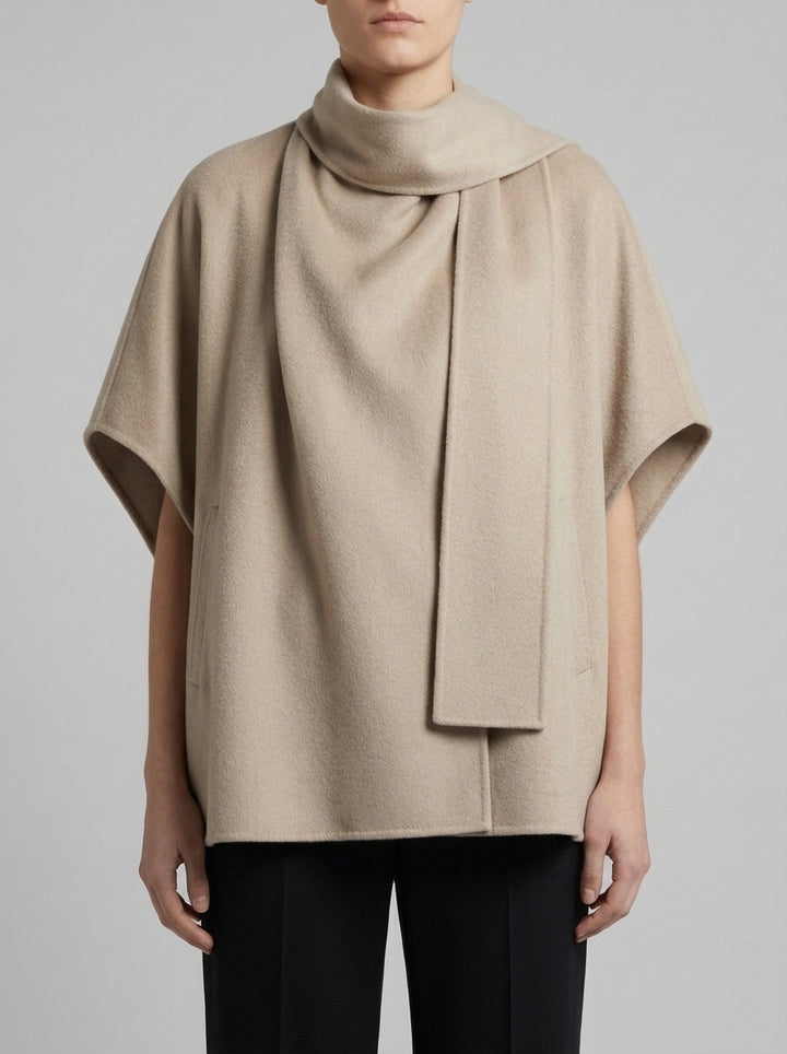 CAPPOTTO BEIGE CORTO IN LANA CON SCIARPA 
