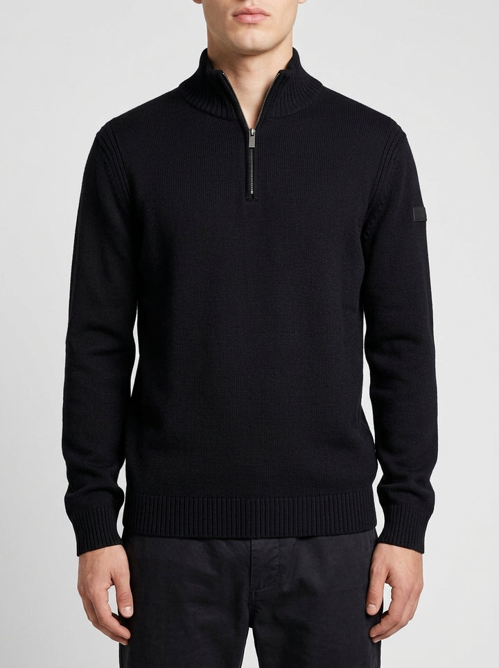 Cotton Plain Half Zip Knit blu 