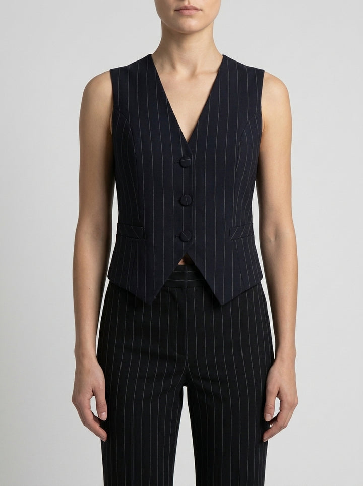 Gilet  gessato blu con bottoni foderati 