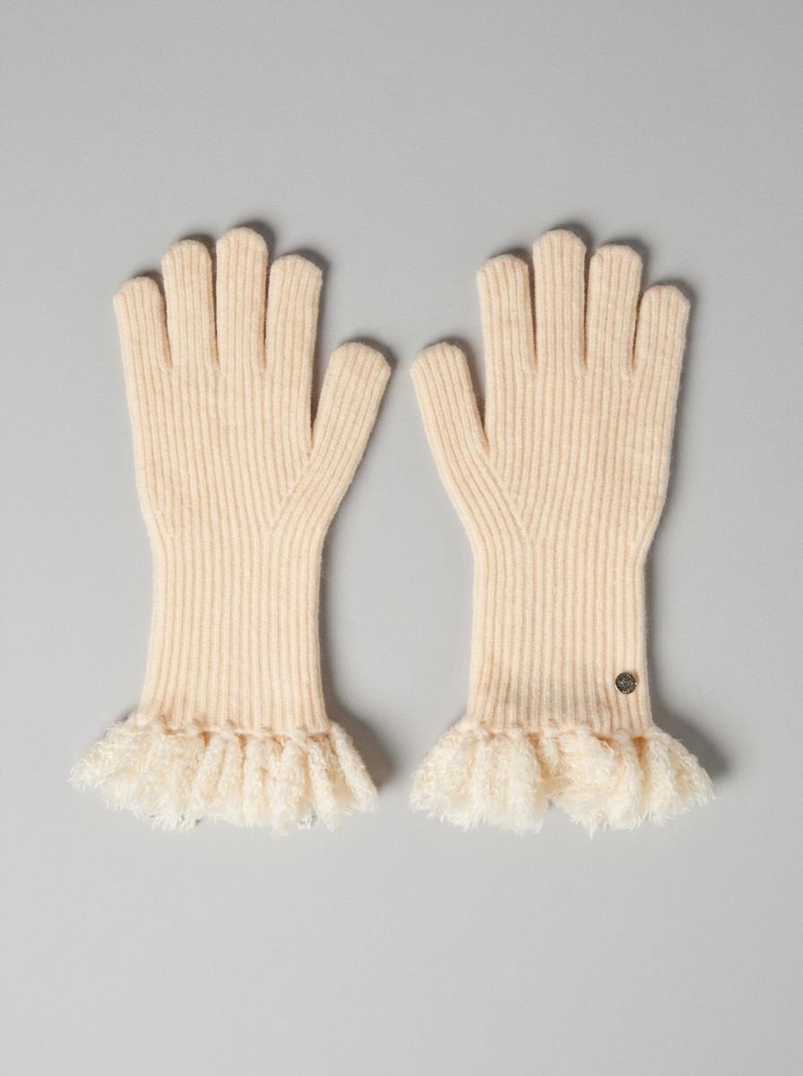 Guanti in maglia con frange panna 