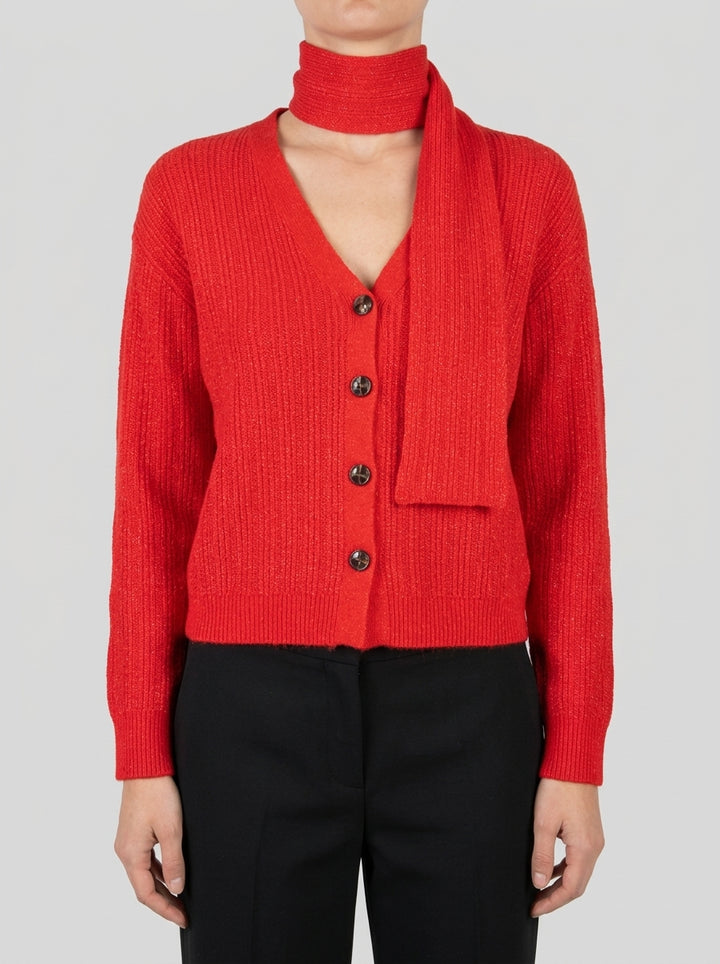 Cardigan in maglia con scollo a V e fiocco Rosso 