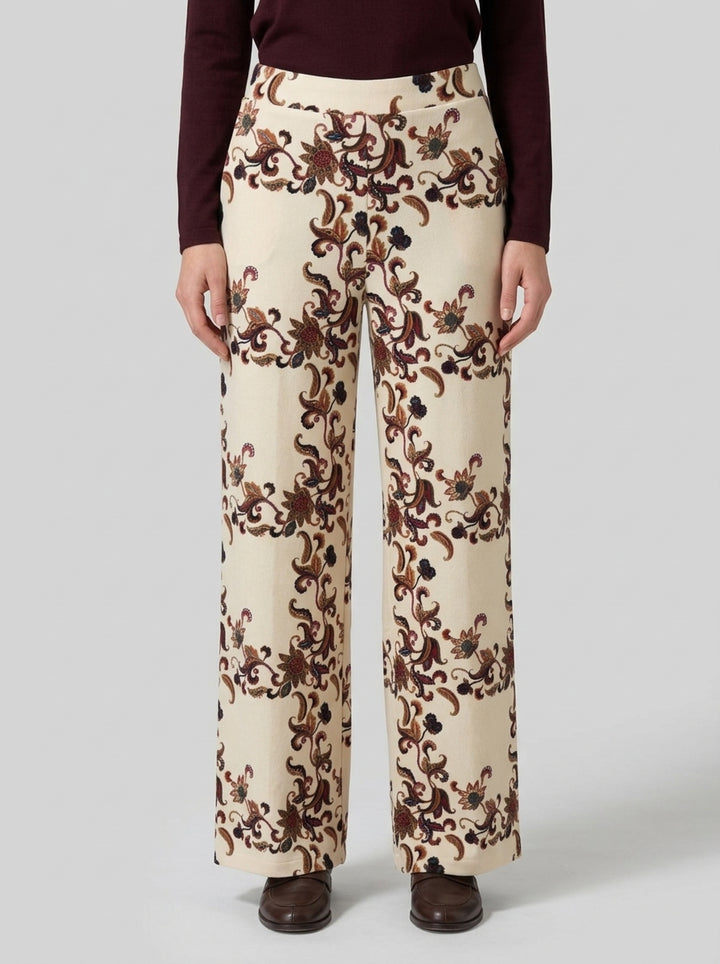 Pantalone palazzo panna con fantasia a contrasto 