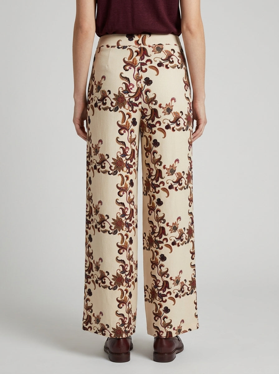 Pantalone palazzo panna con fantasia a contrasto 
