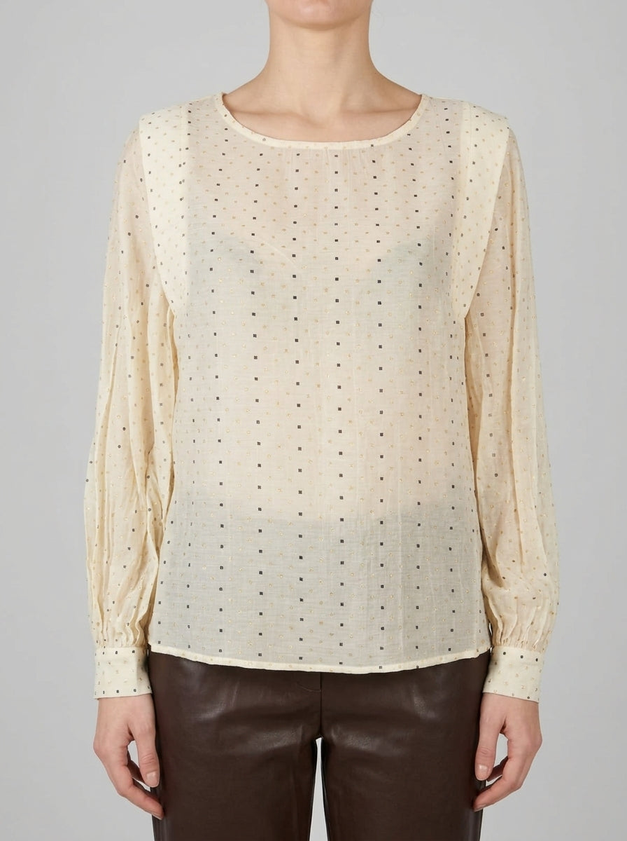 Blusa ecru con micro pois glitter e volant sulle spalle 