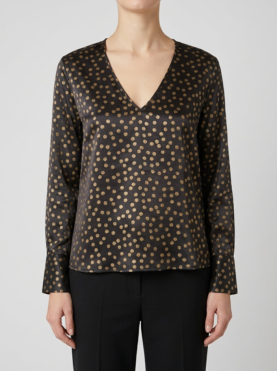 Blusa  Nera in Raso con Collo a V, Pois Oro 