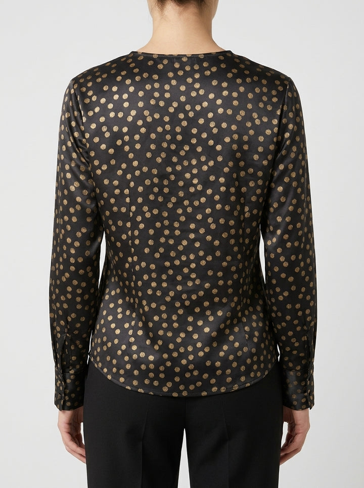 Blusa  Nera in Raso con Collo a V, Pois Oro 