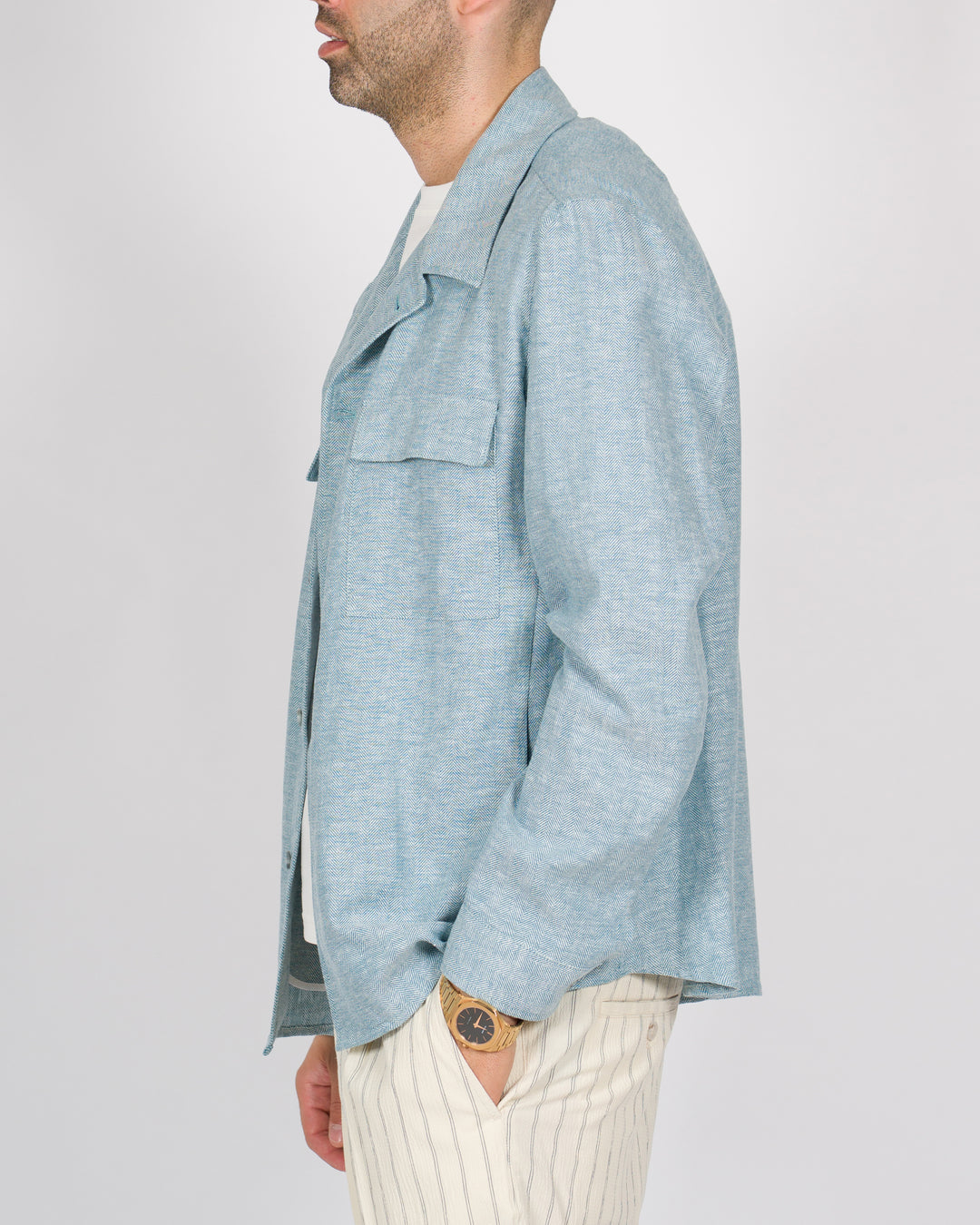 Overshirt lino spigato azzurro 