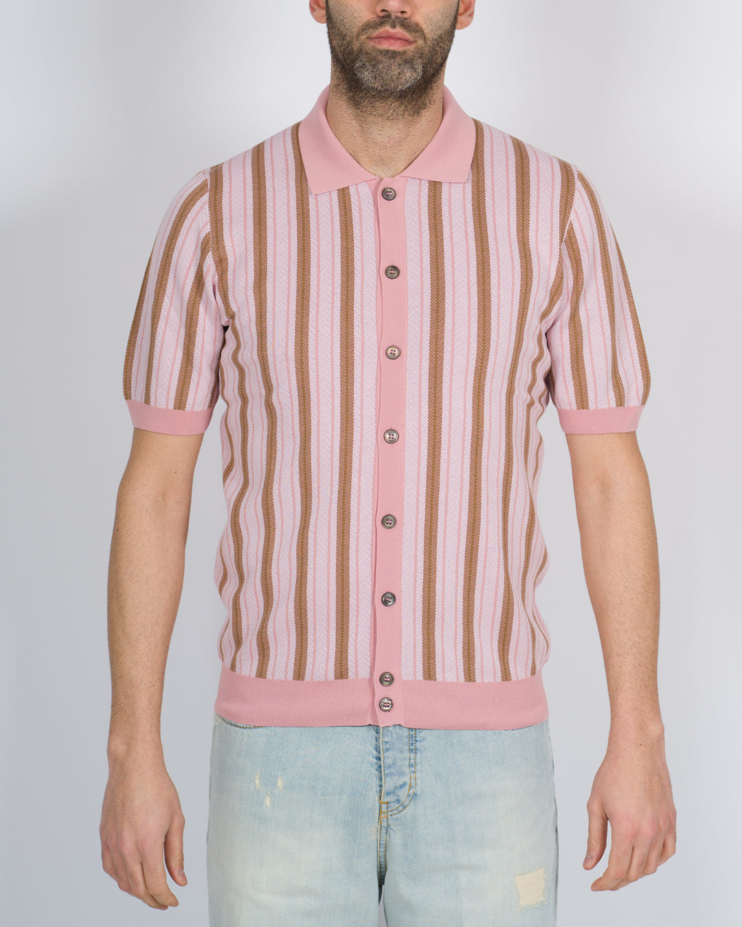 Polo cardigan rigata rosa 