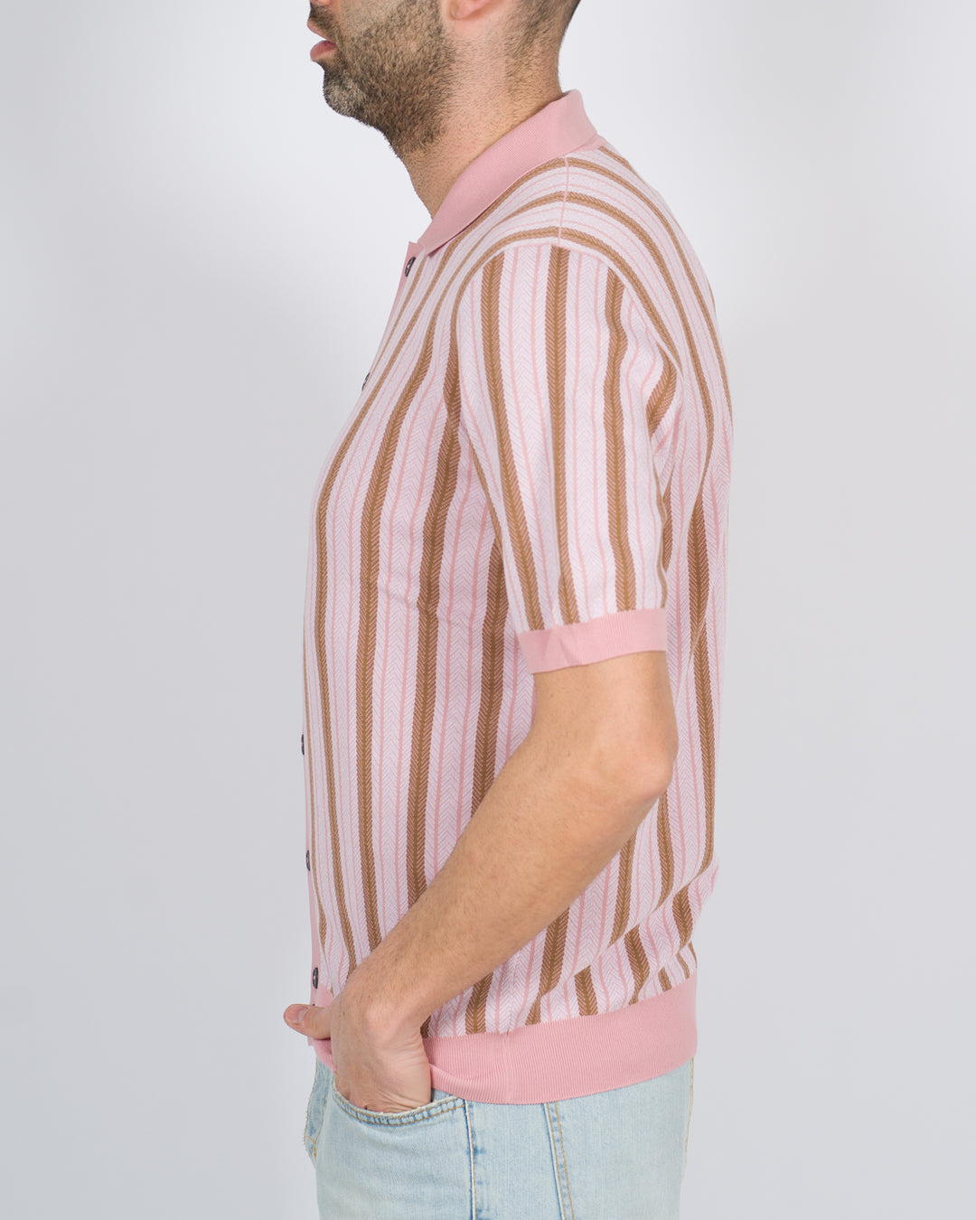 Polo cardigan rigata rosa 
